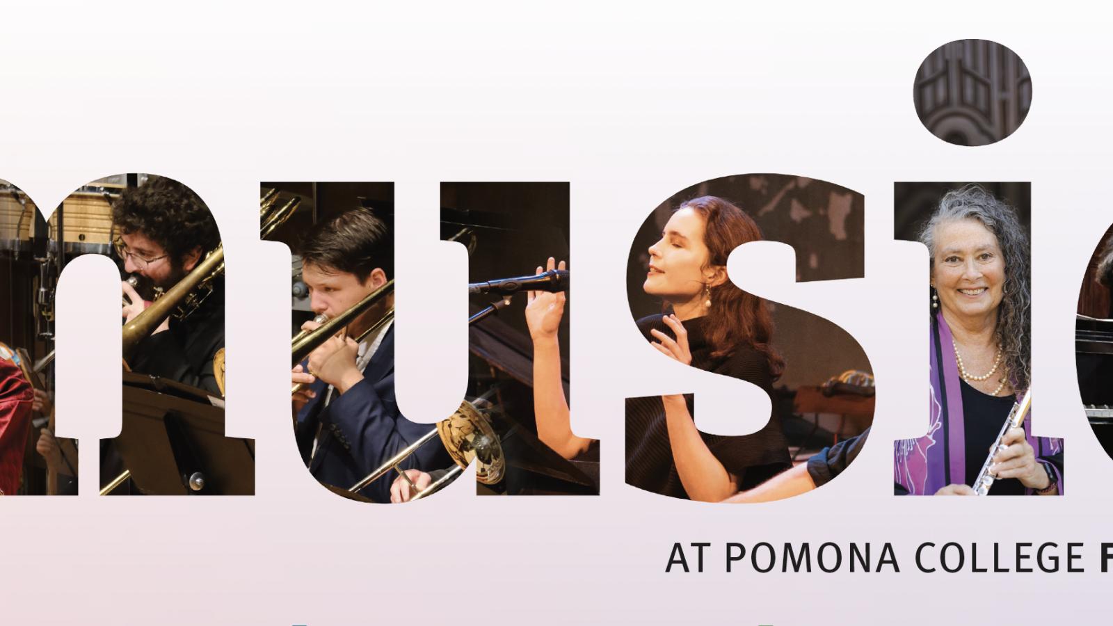outline of letters "music" with images of performances inside