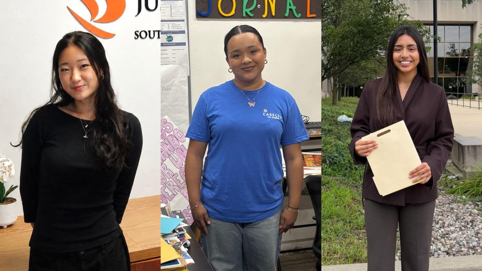 Three Pomona students standing in their summer work environments