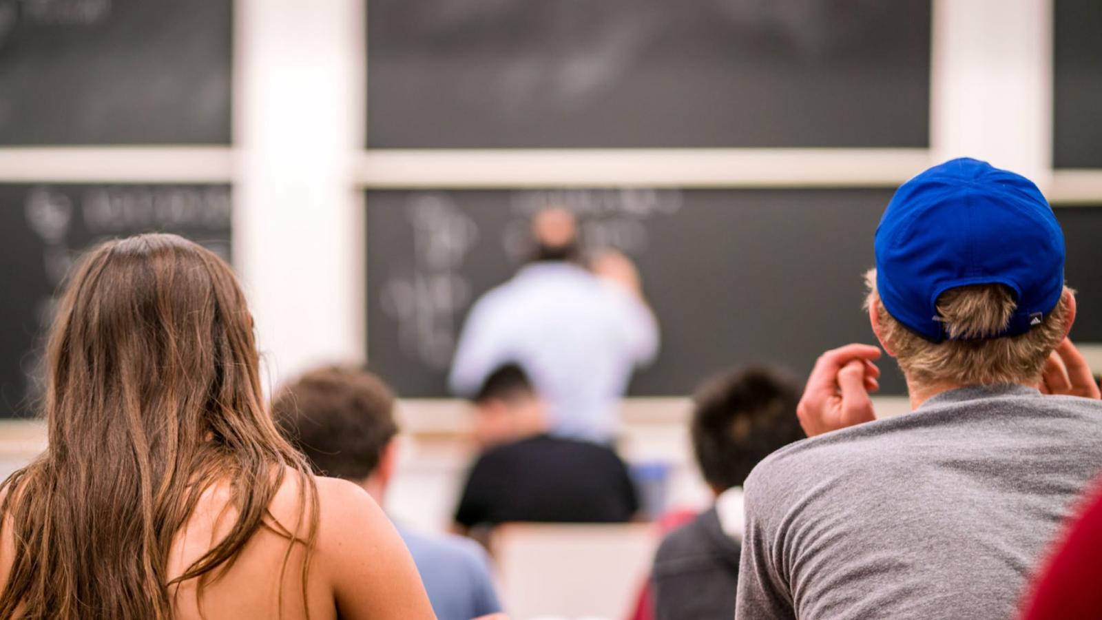 Students looking at a blackboard