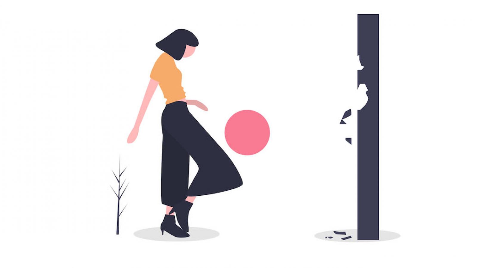 graphic image of woman kicking a ball at a screen that shatters