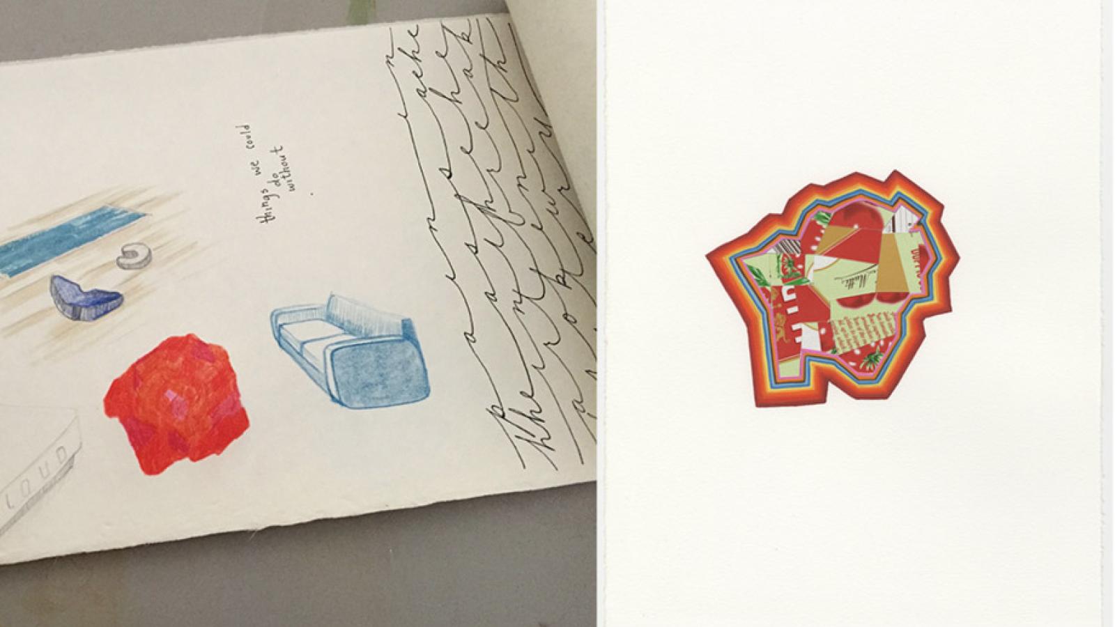 Mercedes Teixido drawing with drawing machine and drawing, collage, and watercolor on paper