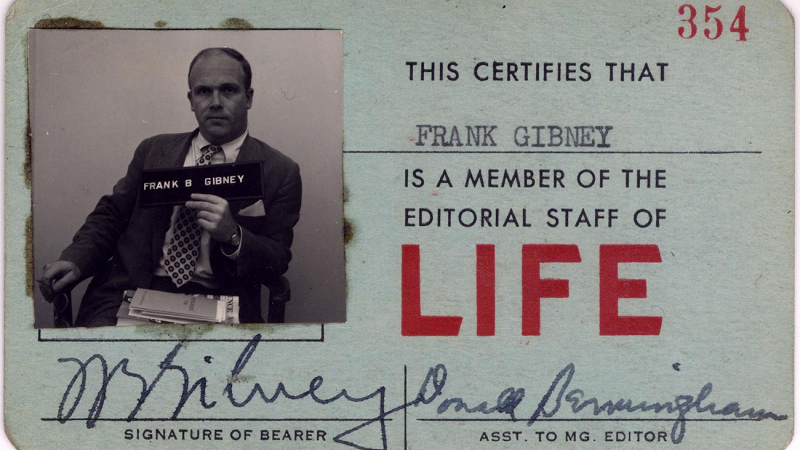 LIFE magazine identification card of Frank Gibney, circa 1955.