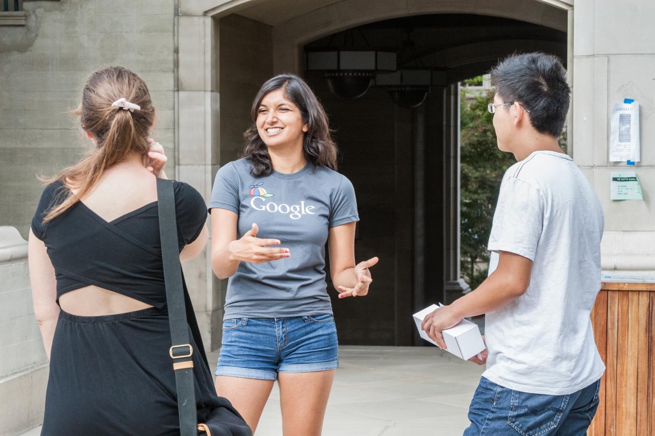 A Google Employee speaks with Pomona College students during a 2014 Recruitment Event