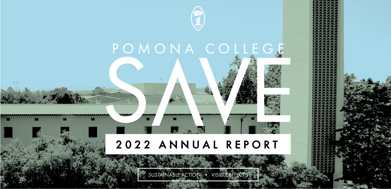 An image of the campus with text reading "Pomona College SAVE 2022 Annual Report"