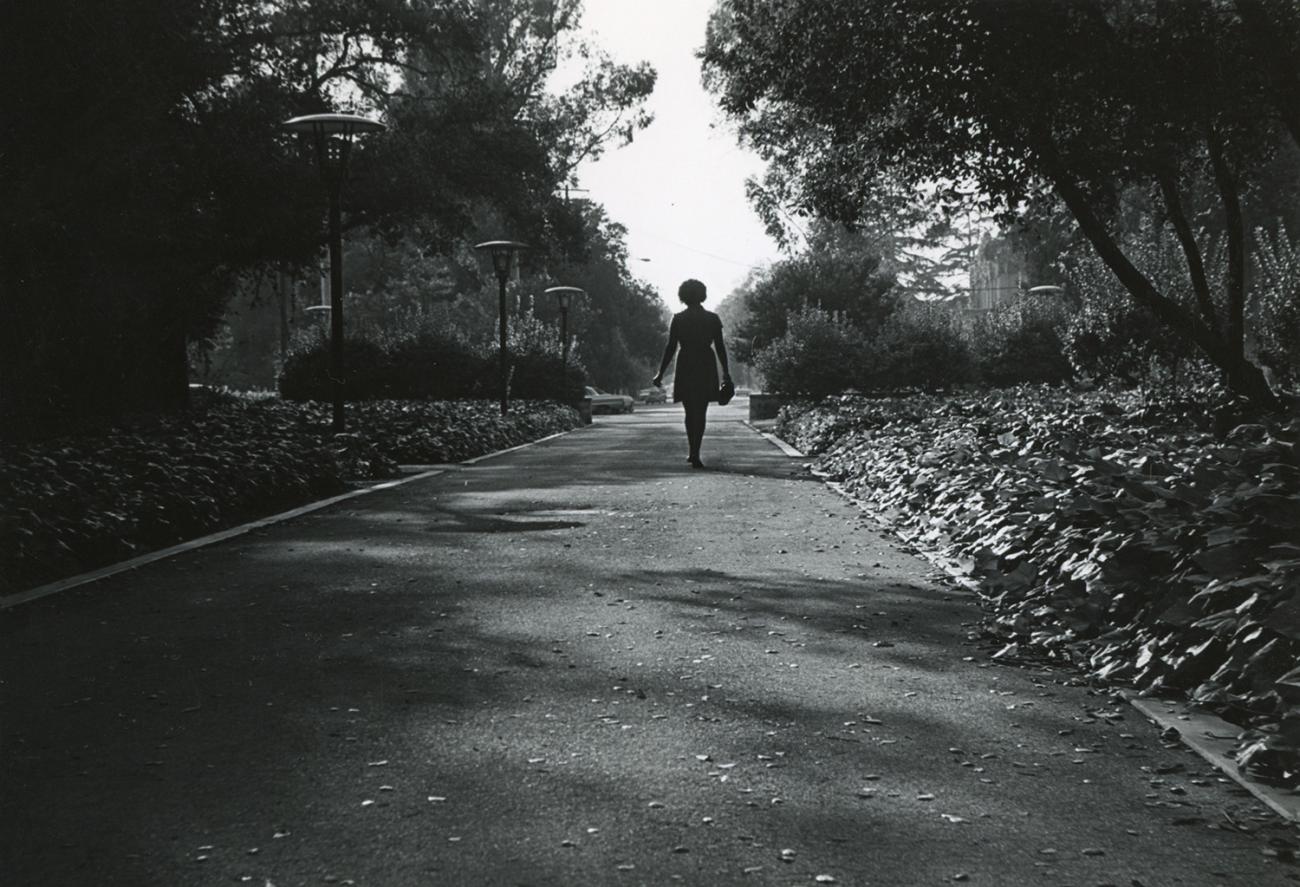 Myrlie Evers-Williams on Pomona College Campus, 24th Congressional District Campaign photograph, 1970.