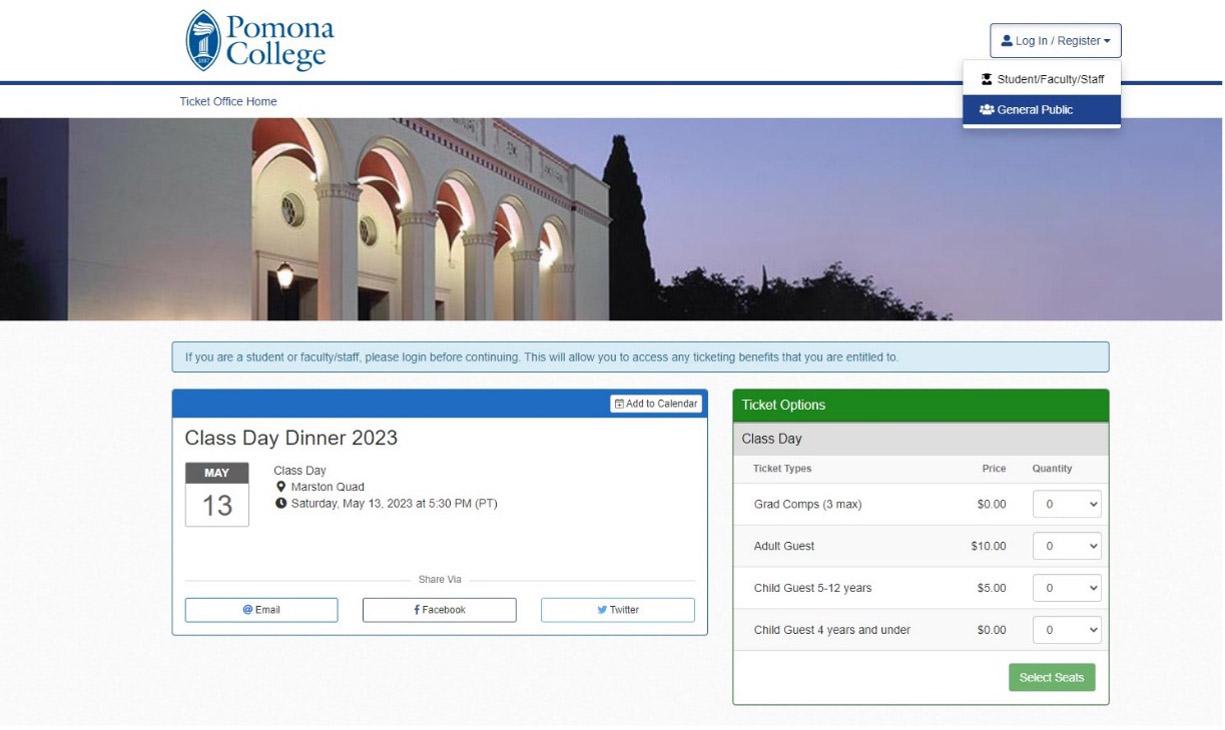Click on the Login/Register button on the upper right corner of the window. Family members and students should both choose “General Public” from the options.