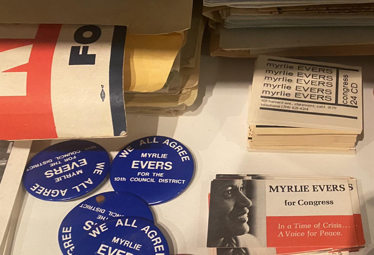 Myrlie Evers for Congress pins and cards