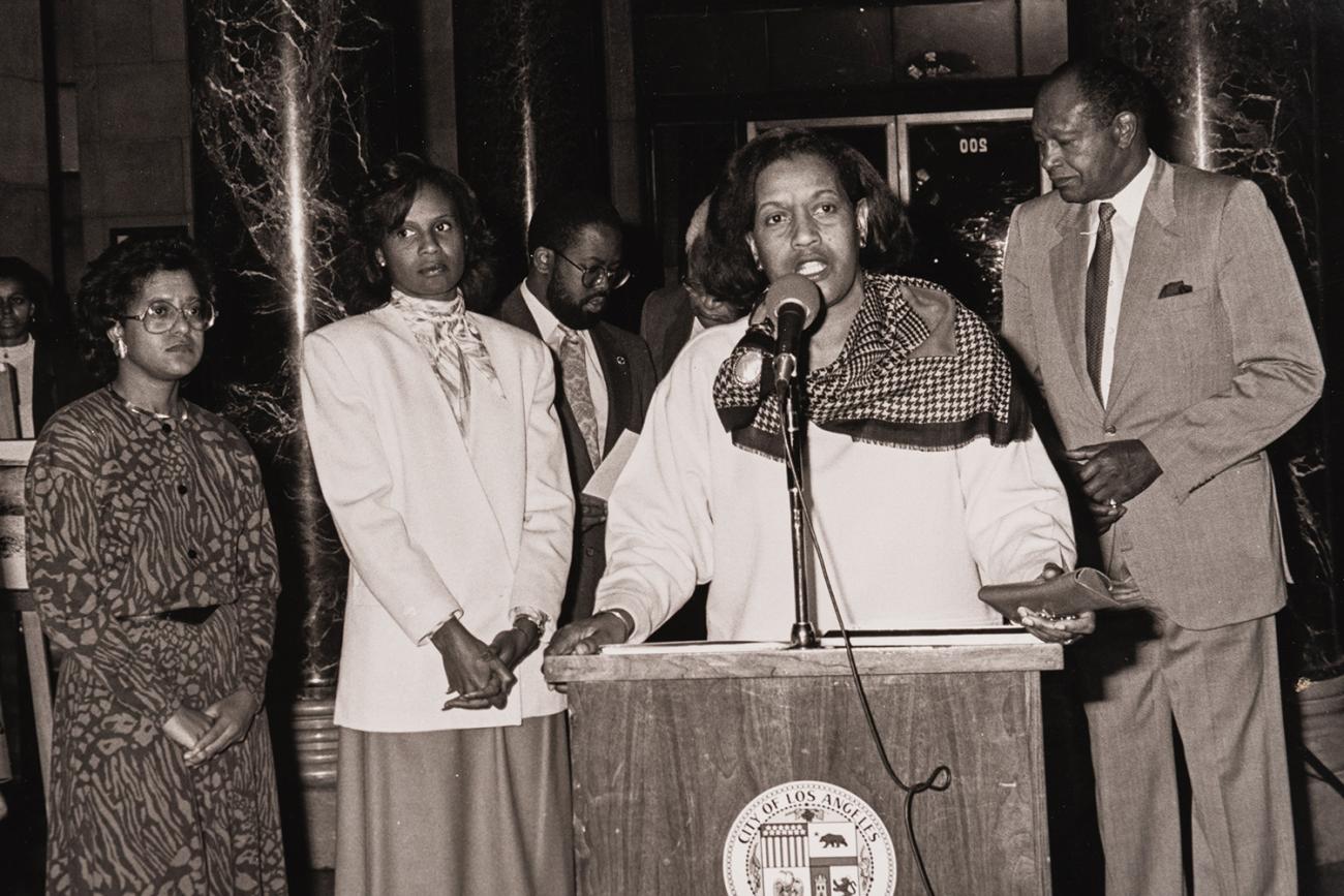 Myrlie Evers-Williams as Commissioner of Public Works for Los Angeles in an 1980s event with former Los Angeles Mayor Tom Bradley.