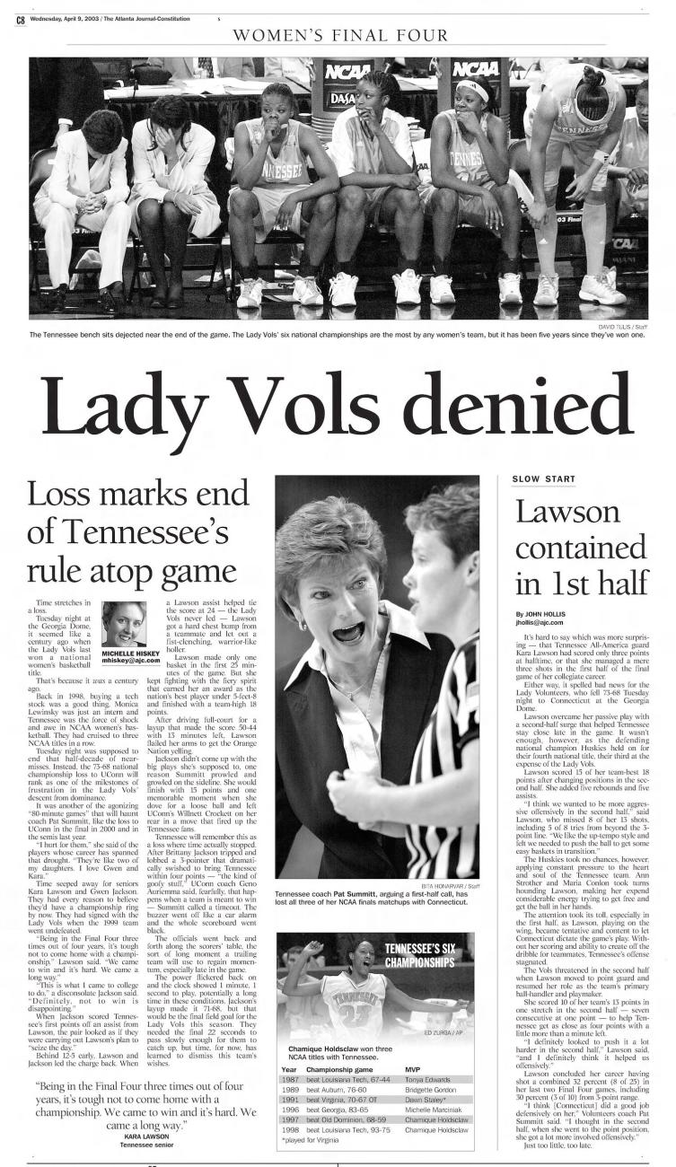 Page from Atlanta Journal-Constitution with photo of Pat Summitt and Melissa Barlow