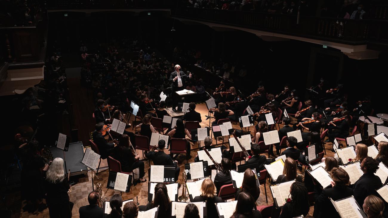 The Pomona College Orchestra performs in Bridges Hall of Music.