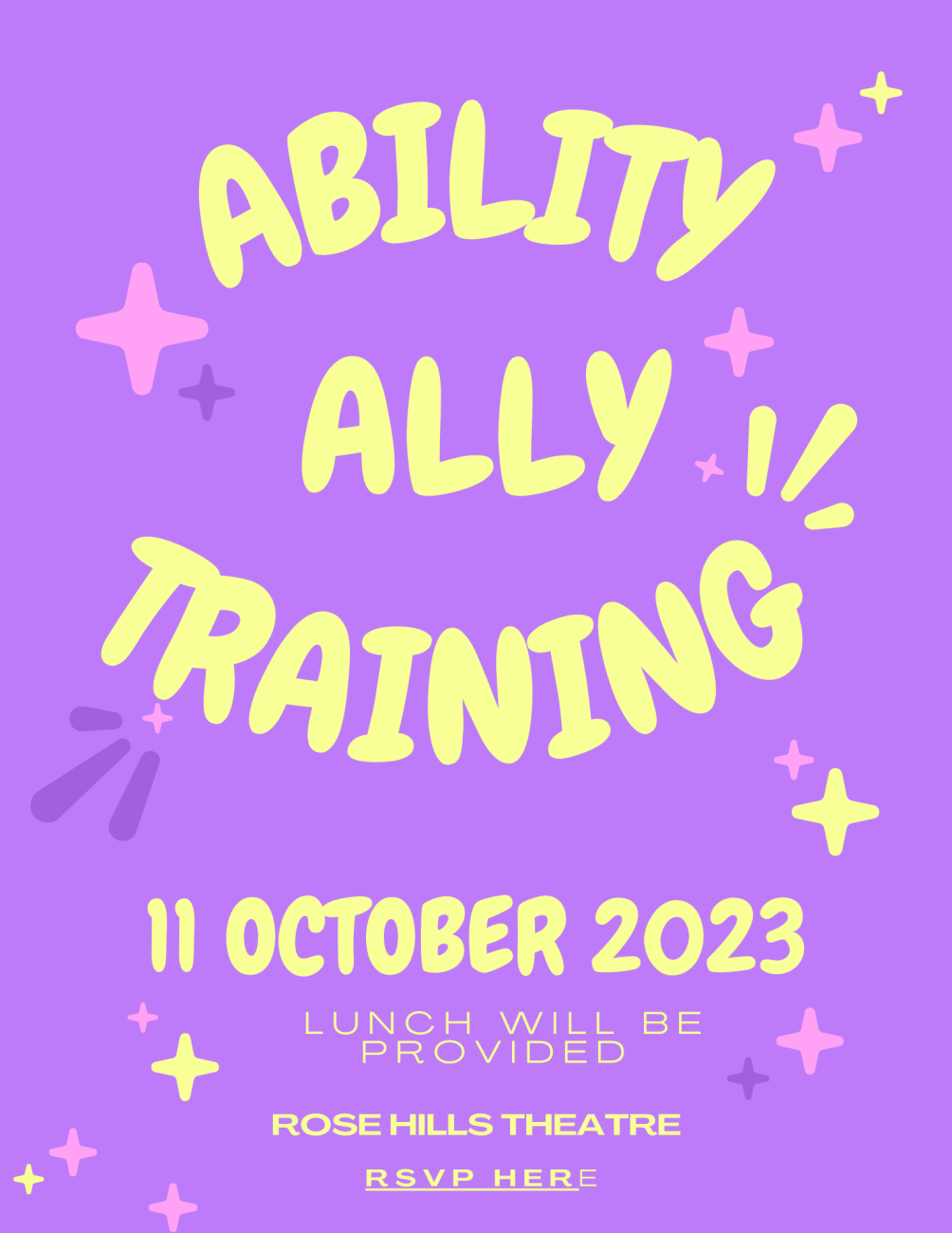 Ability Ally training, lunch will be provided, Rose Hills Theatre, 12pm-1:30pm