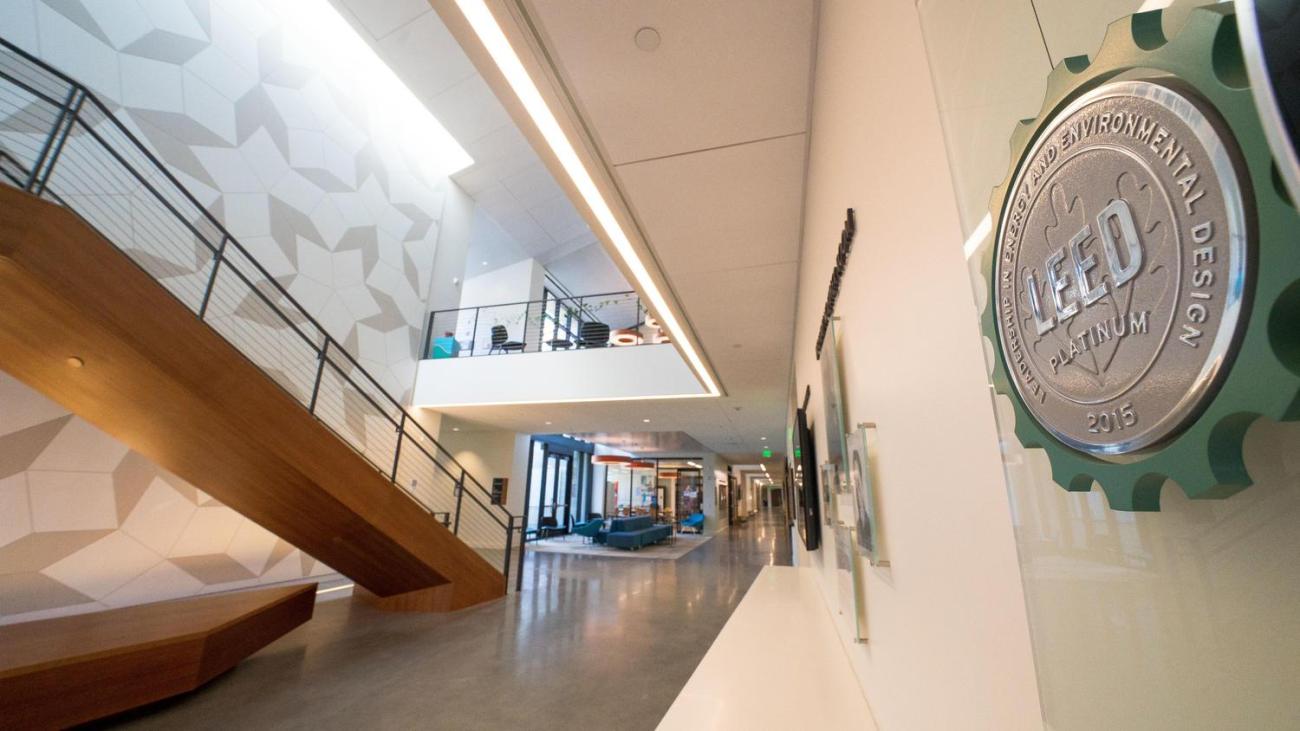 LEED certification plaque inside building on campus