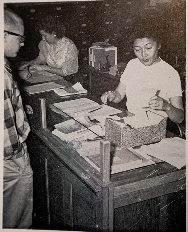 Masago Armstrong in action as Pomona College's registrar in 1957