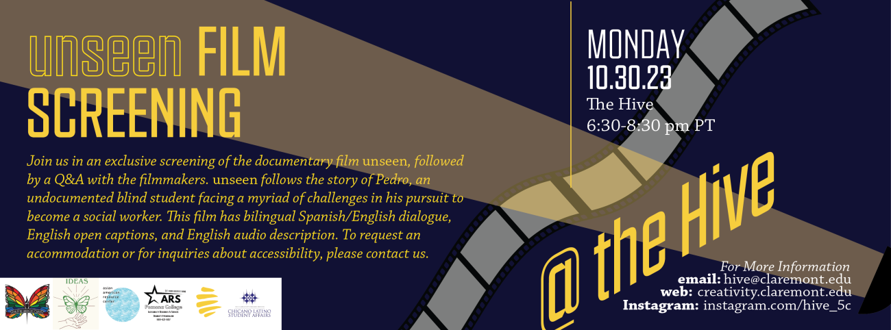 Flyer for Unseen film screening with blue background and yellow text