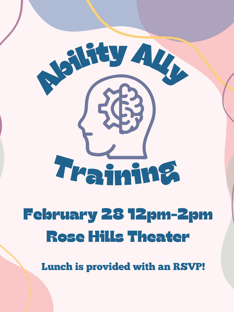 Flyer for Ability Ally Training showing the time, date, location, and an image of a brain.