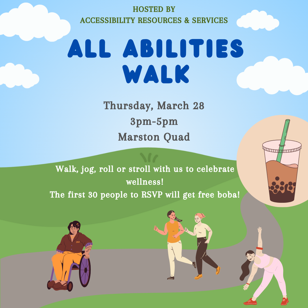 Flyer for all abilities walk depicting a variety of people walking/moving down a path
