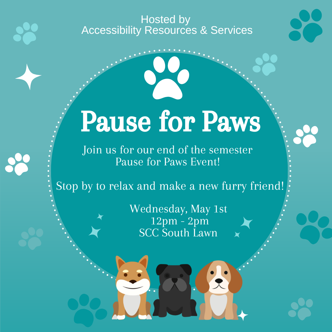 flyer for pause for paws on a blue background with clipart dogs