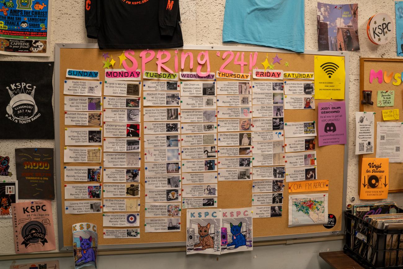 A pinboard with the spring 2024 KSPC schedule