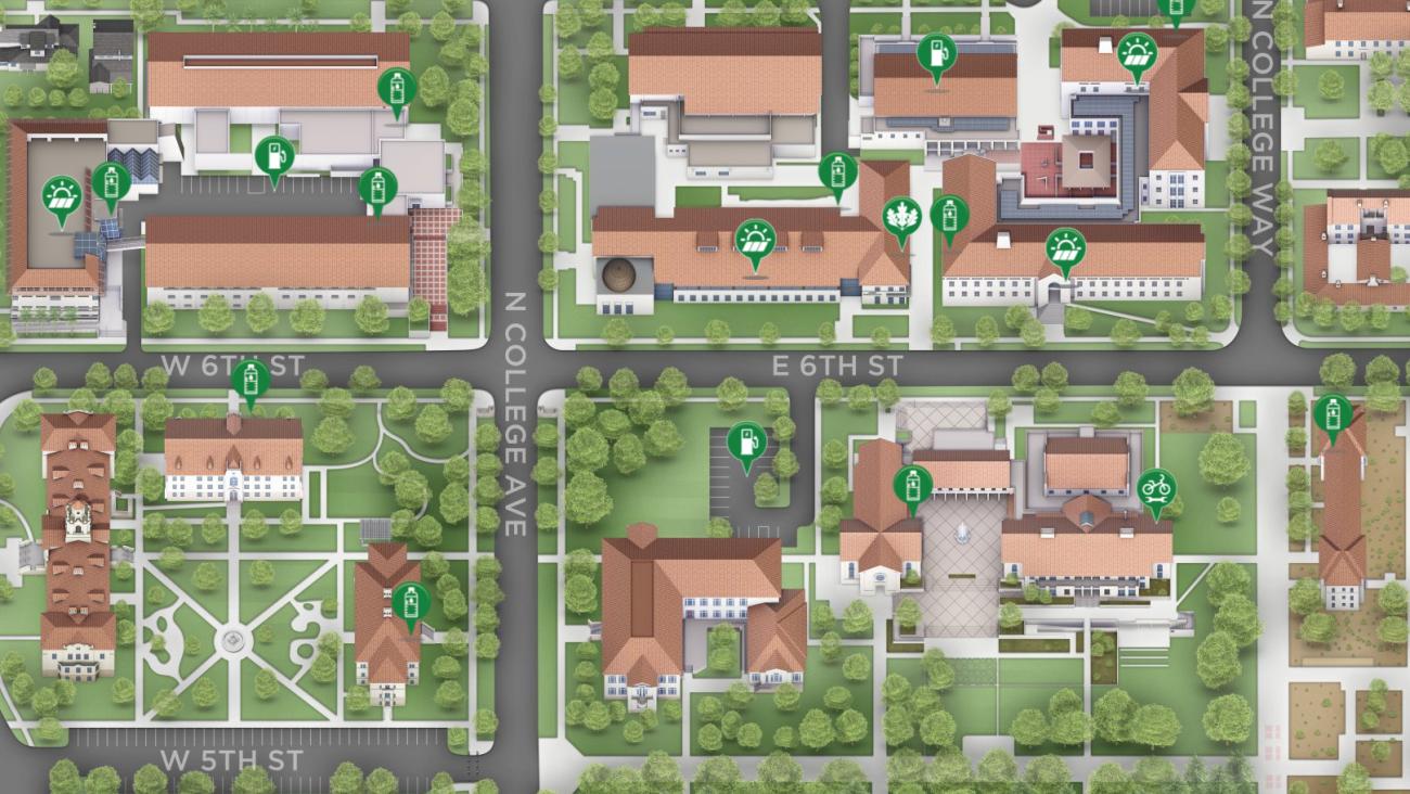 zoomed in map of campus with sustainability icons