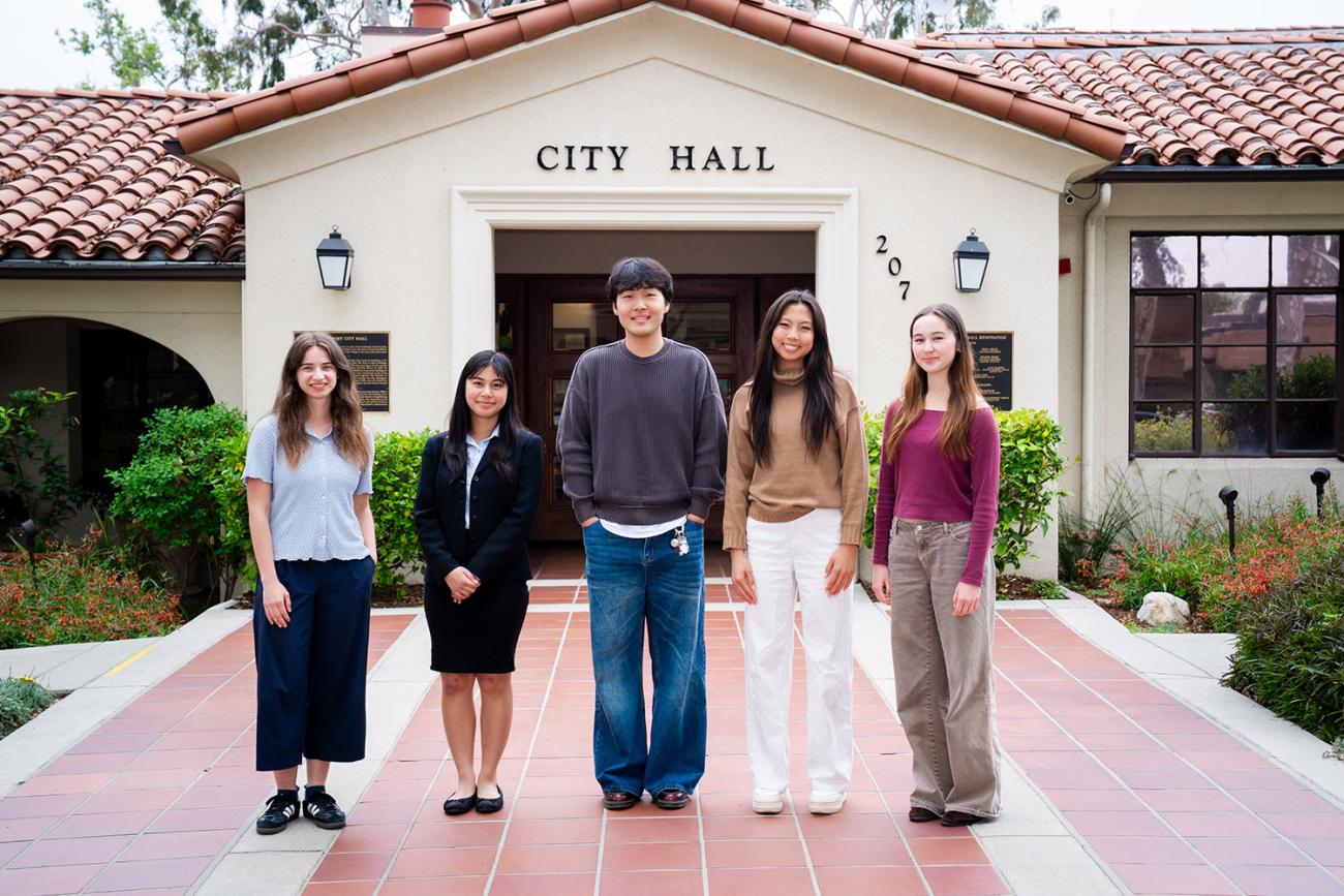 Five Pomona College interns standing outside in front of Claremont City Hall