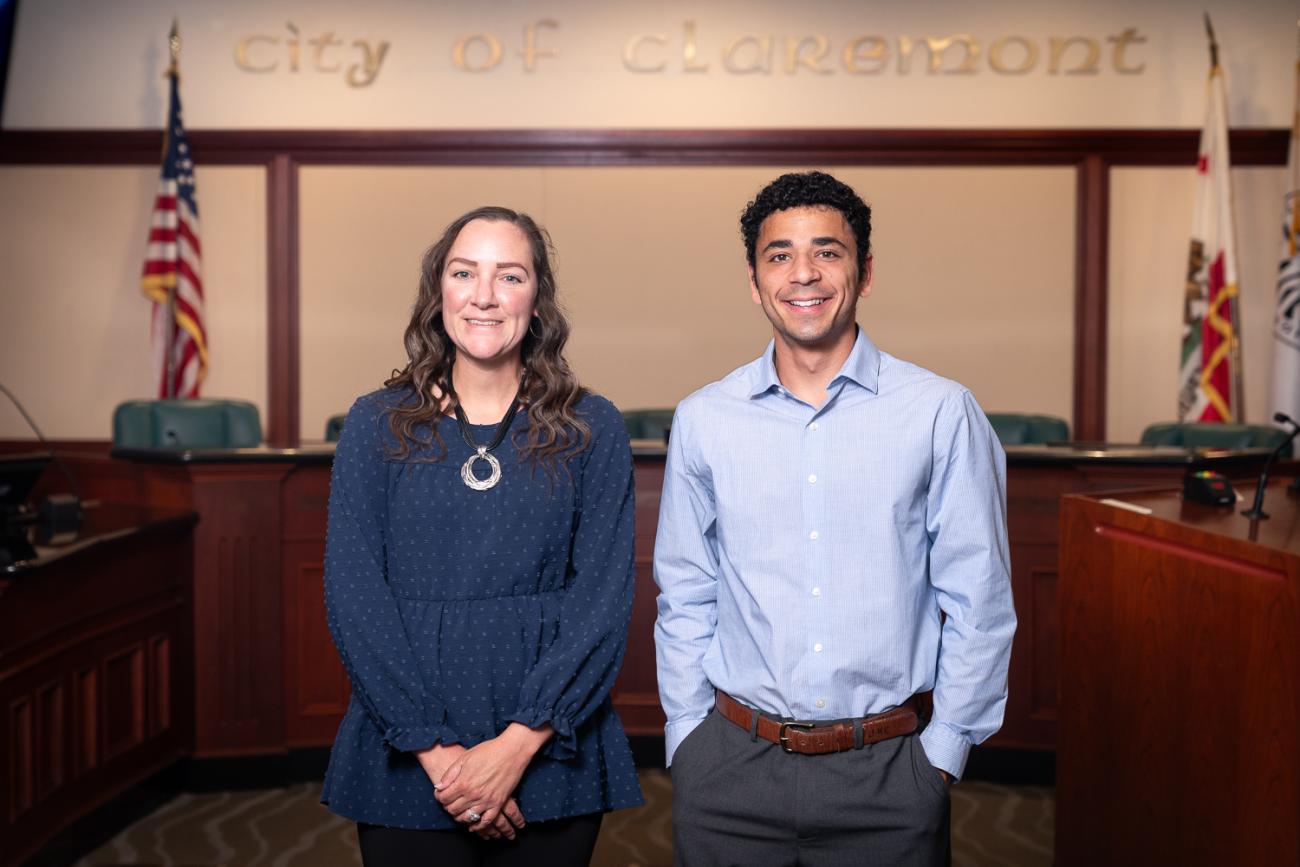 Claremont Deputy City Manager Katie Want stands with Josh Crowley '27 inside Claremont City Hall