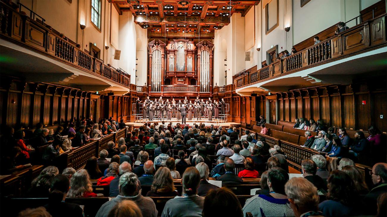 The Pomona College Glee Club performs in Bridges Hall of Music