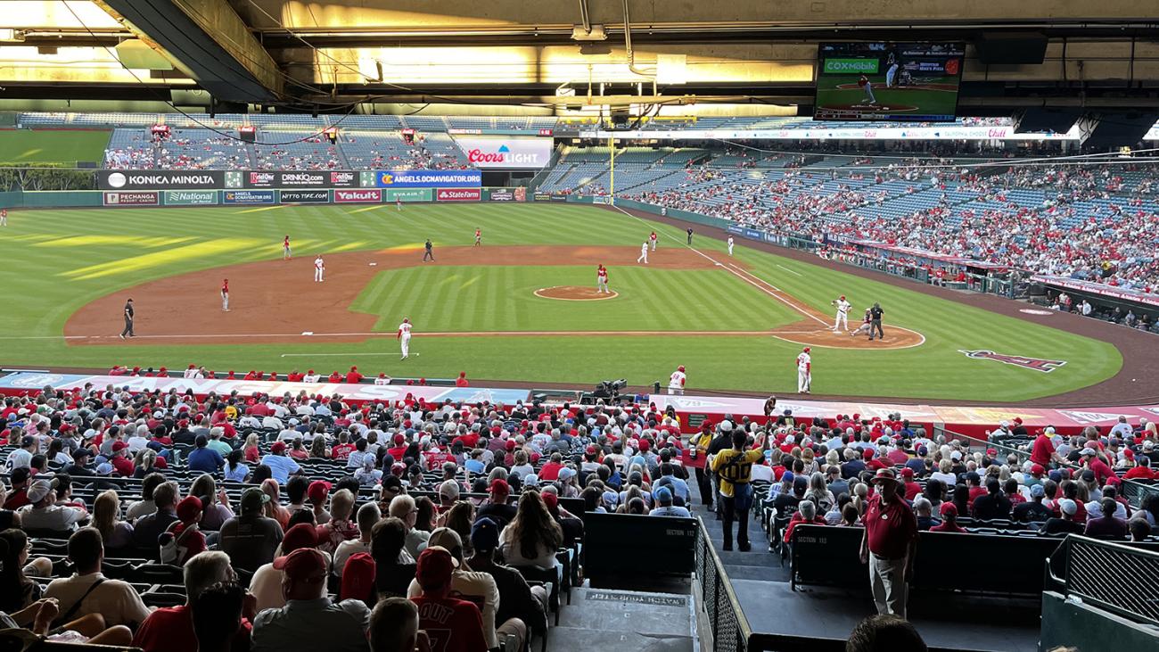 View of Angel Stadium during a Major League Baseball game at night