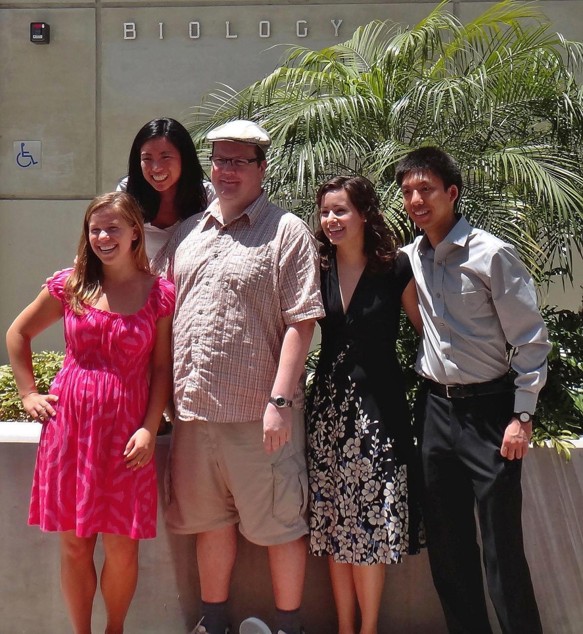 Prof. Karl Johnson with lab students outside on campus at Pomona College