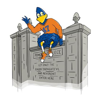 Drawing of Cecil the Sagehen sitting on the Pomona College gates