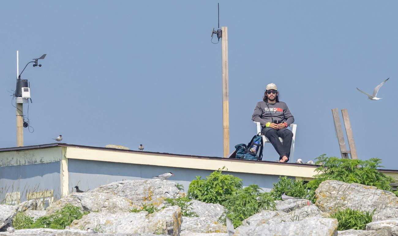 Jacob Ligorria seated on an observation platform watching seabirds on an island.