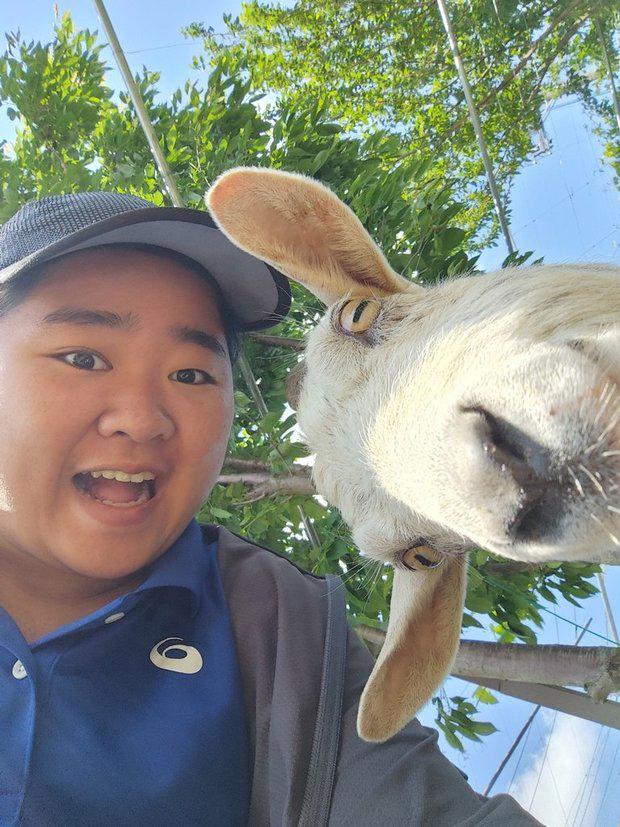 Miyu Owada and goat outside