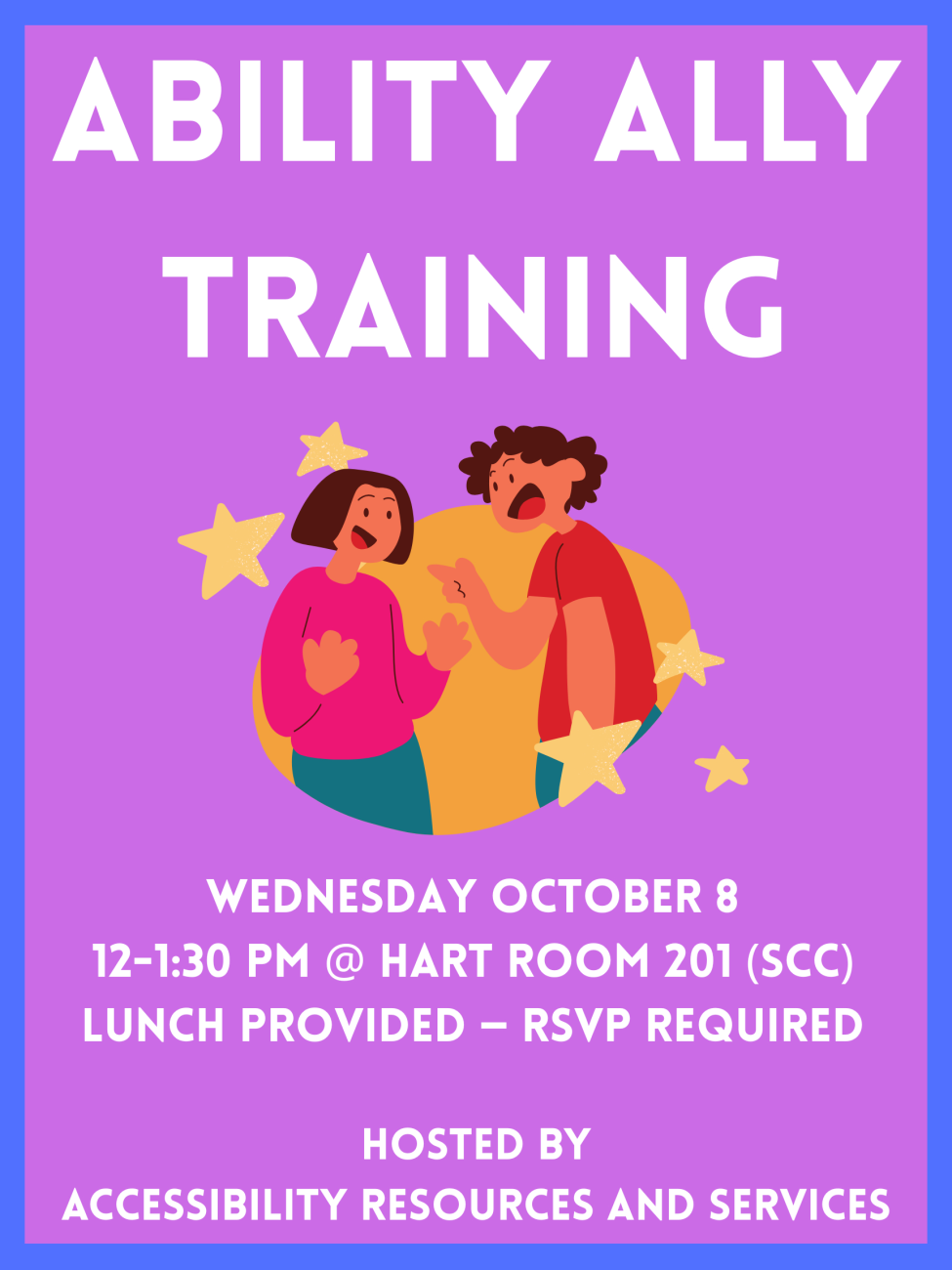 Ability Ally Training flyer on purple background with animated image of two people talking