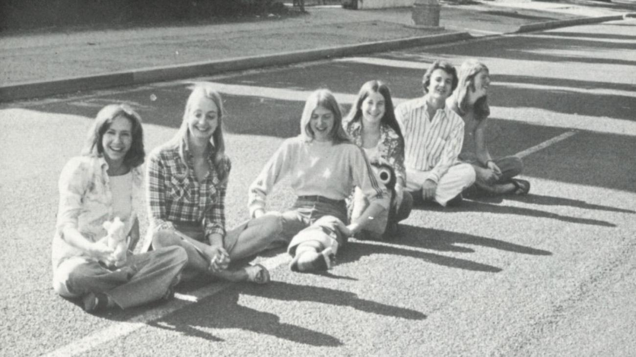 Pamela Shaff in metate photo with friends, 1976