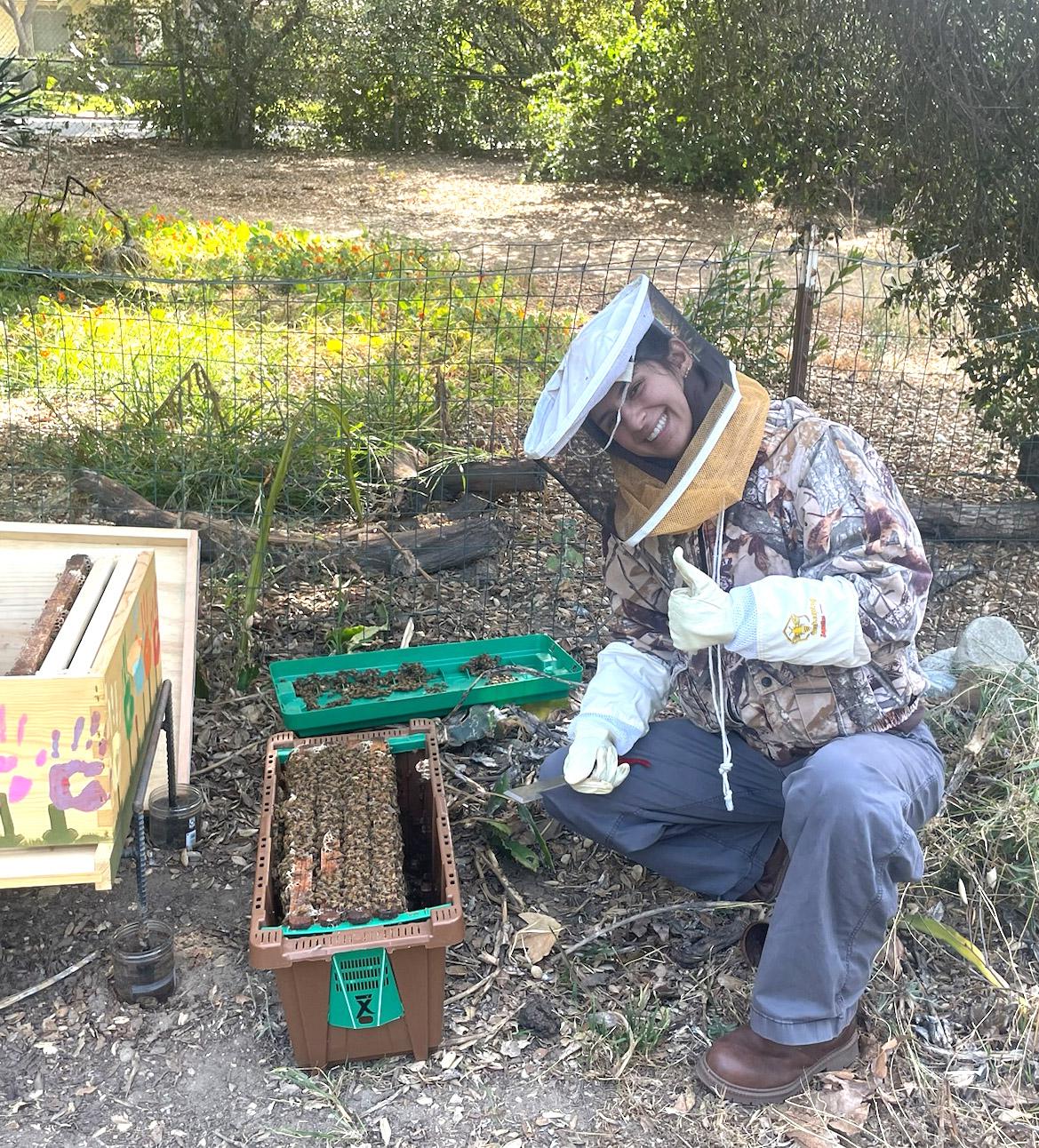 Isha Rajeha with bees at the college Farm.