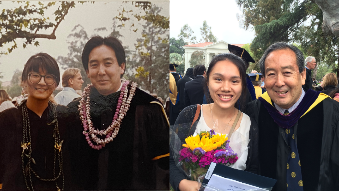 Prof. Samuel Yamashita at 1989 commencement with Madeline Hsu and 2015 commencement with Hongdeng Gao