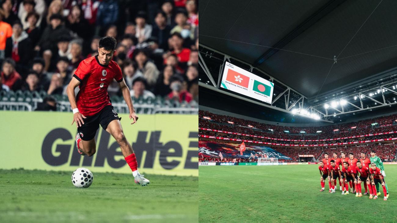 A soccer player on the left, a soccer team on the right