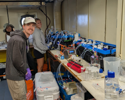 students working to filter seawater