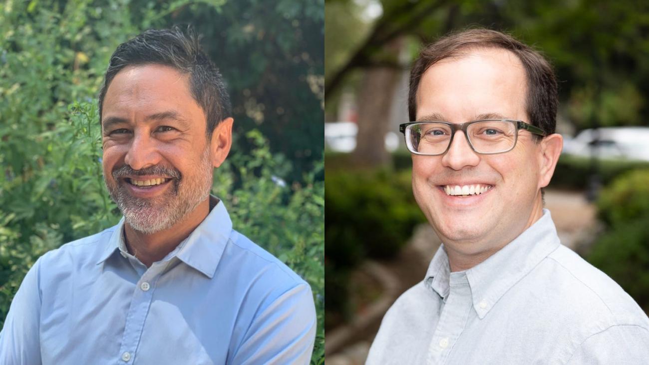 Portraits of two men, Pomona College Classics professors Christopher Chinn and Benjamin Keim