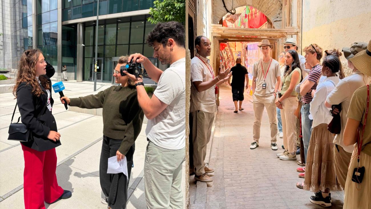 Side by side photos of female student being interviewed by a film crew in Brussels and students meeting with a Moroccan man outside
