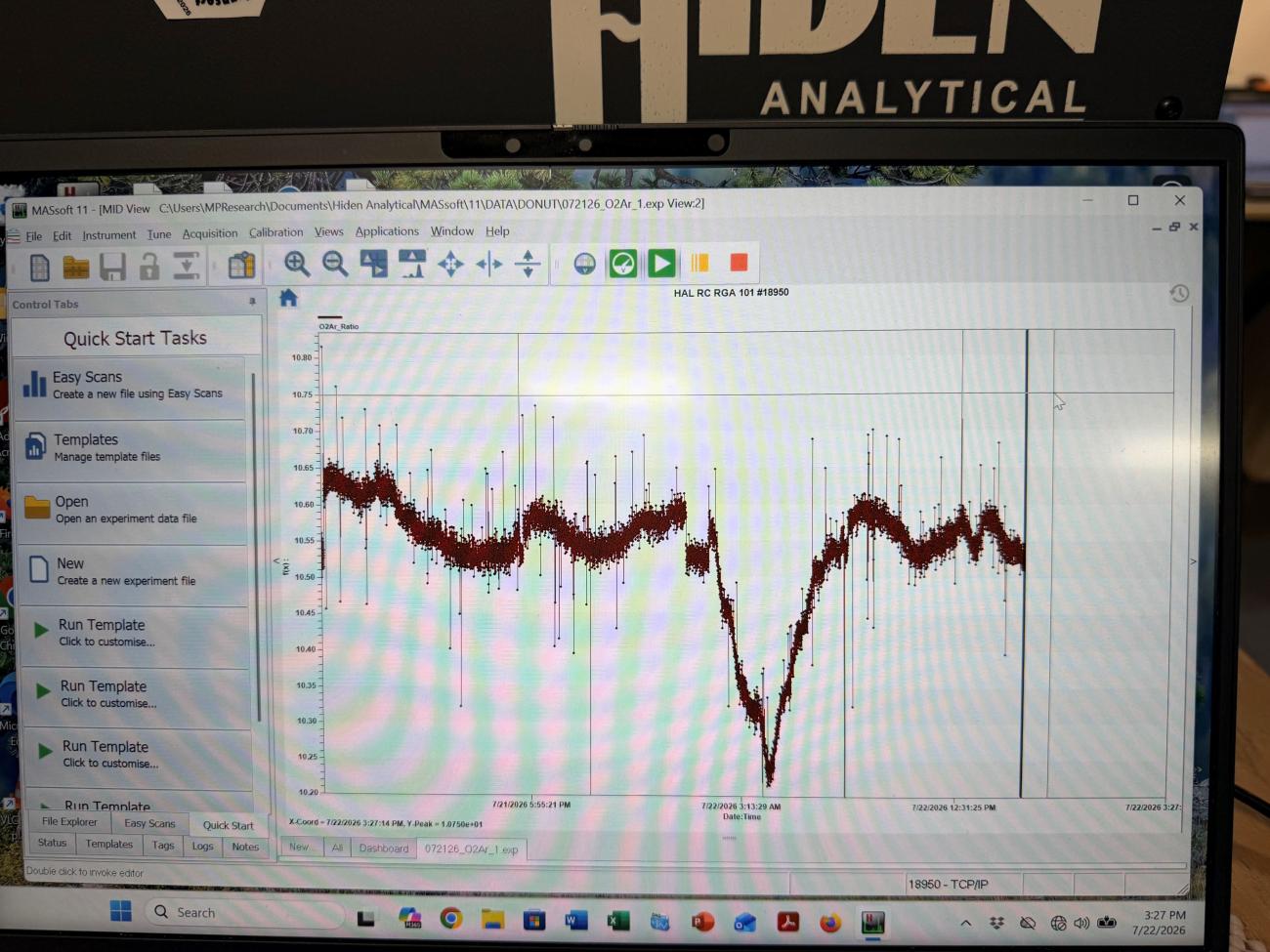 Picture of screen showing data from MIMs instrument