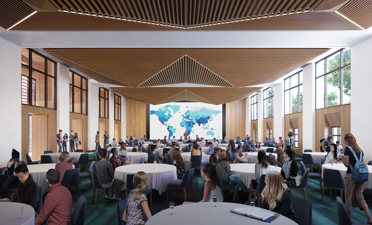 Rendering of large room with video screen in CGE