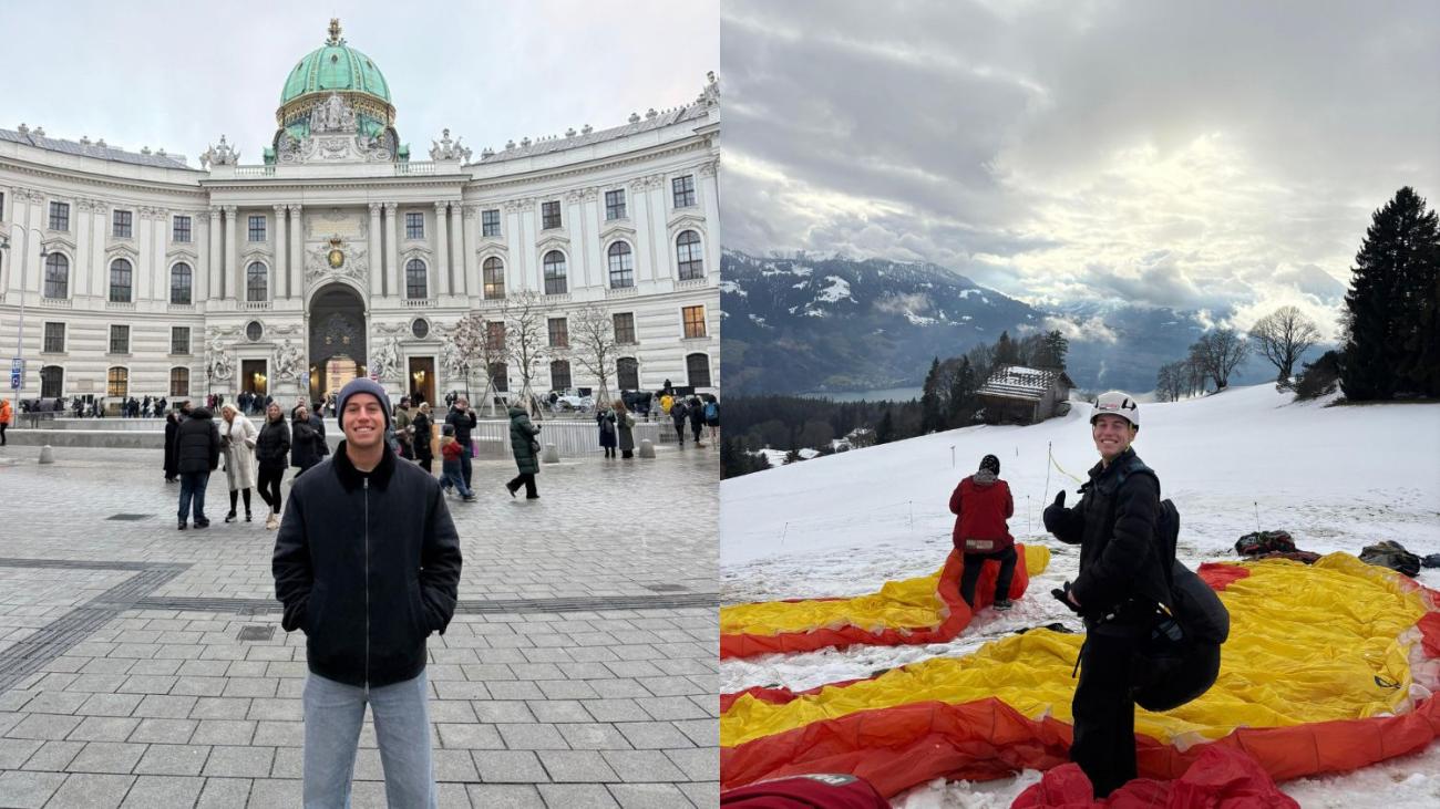 A man stands in front of a building in a left photo; a man on a snowy mountain in a right photo
