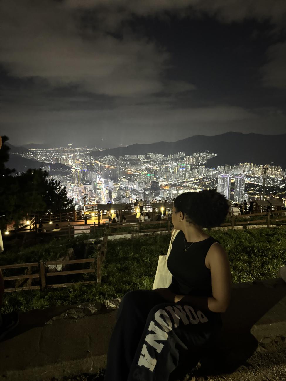 A woman overlooks a skyline