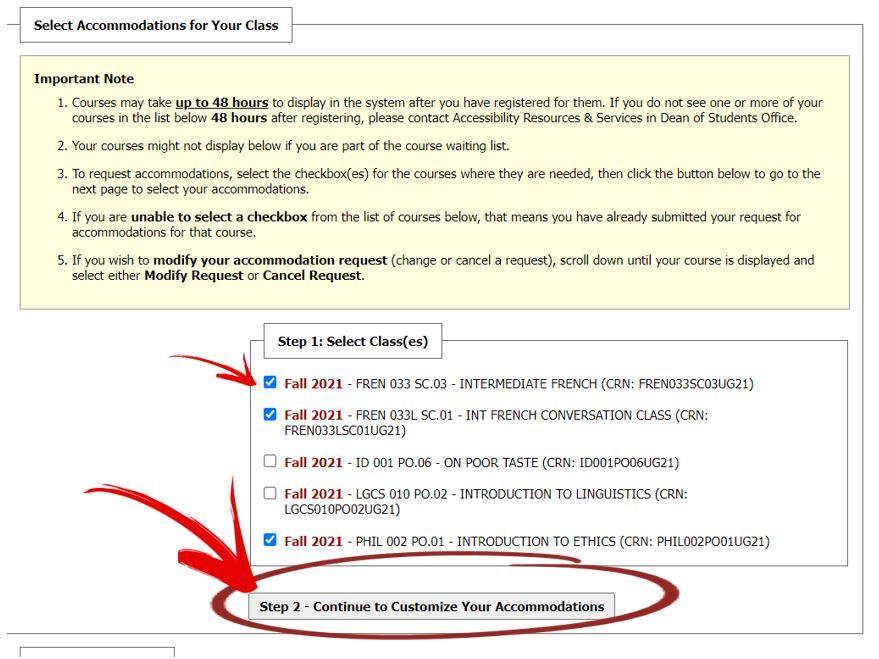 ARS - request your accommodations screenshot of selecting classes