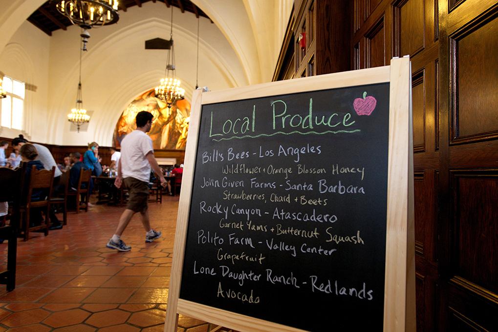 Sign explaining local produce at Frary Dining Hall at Pomona College