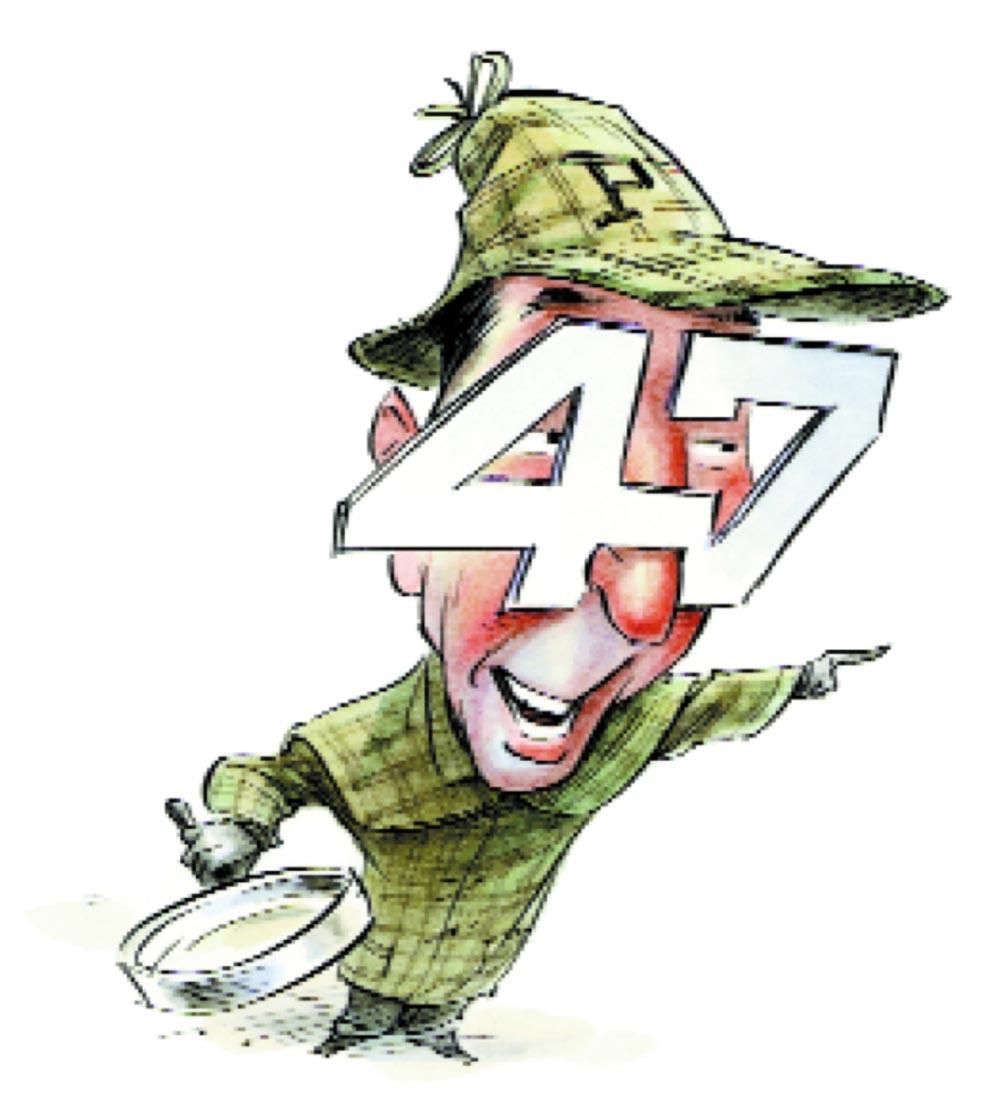 cartoon man looking for signs of the number 47.