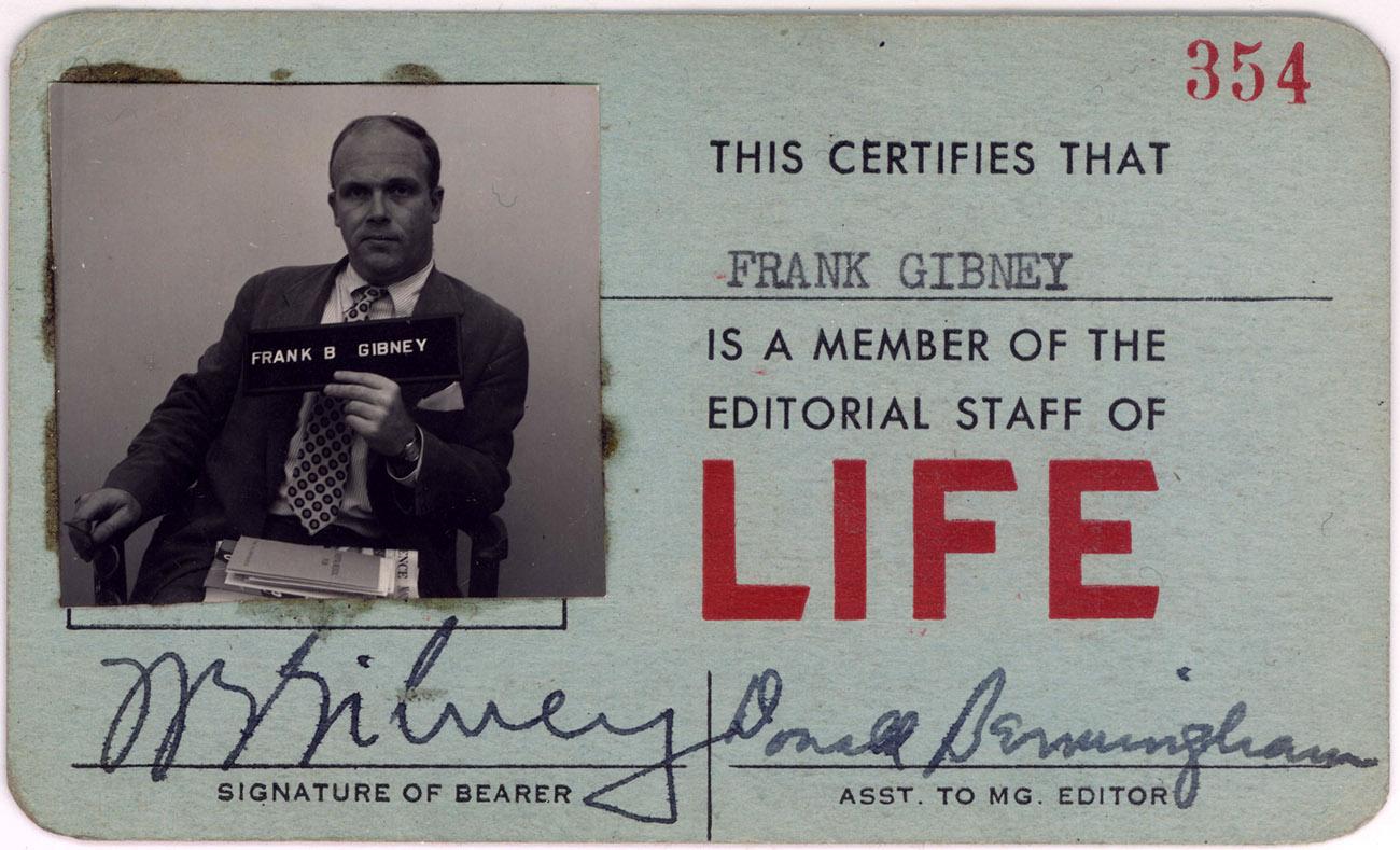 LIFE magazine identification card of Frank Gibney, circa 1955.