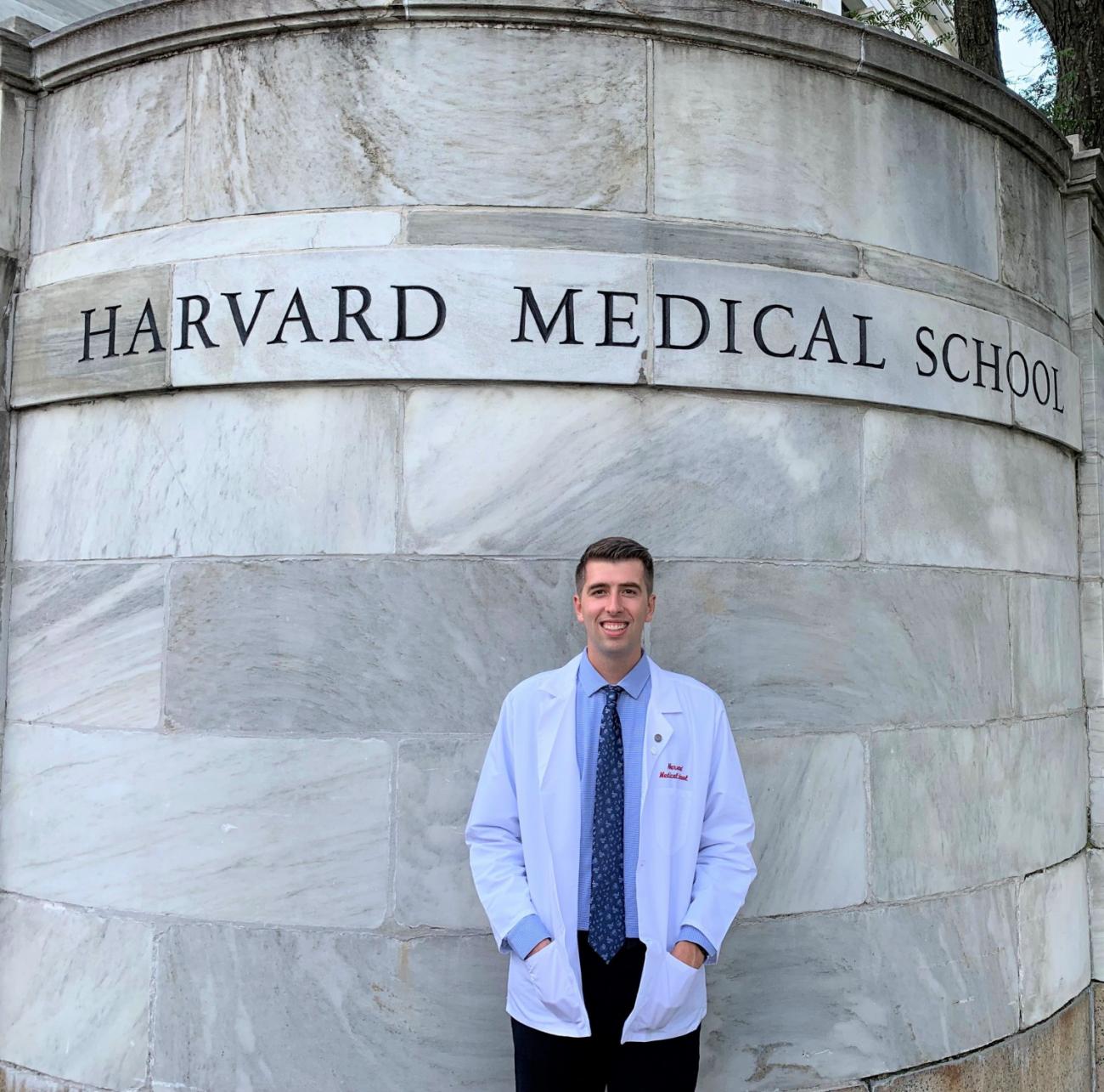 Grant Steele in front of Harvard Medical School