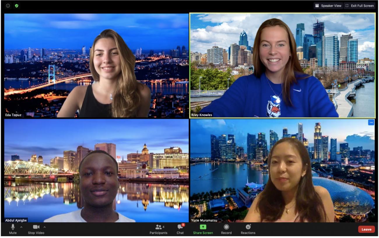 The Screen Breakers team on Zoom with backgrounds of skyline of their home cities 