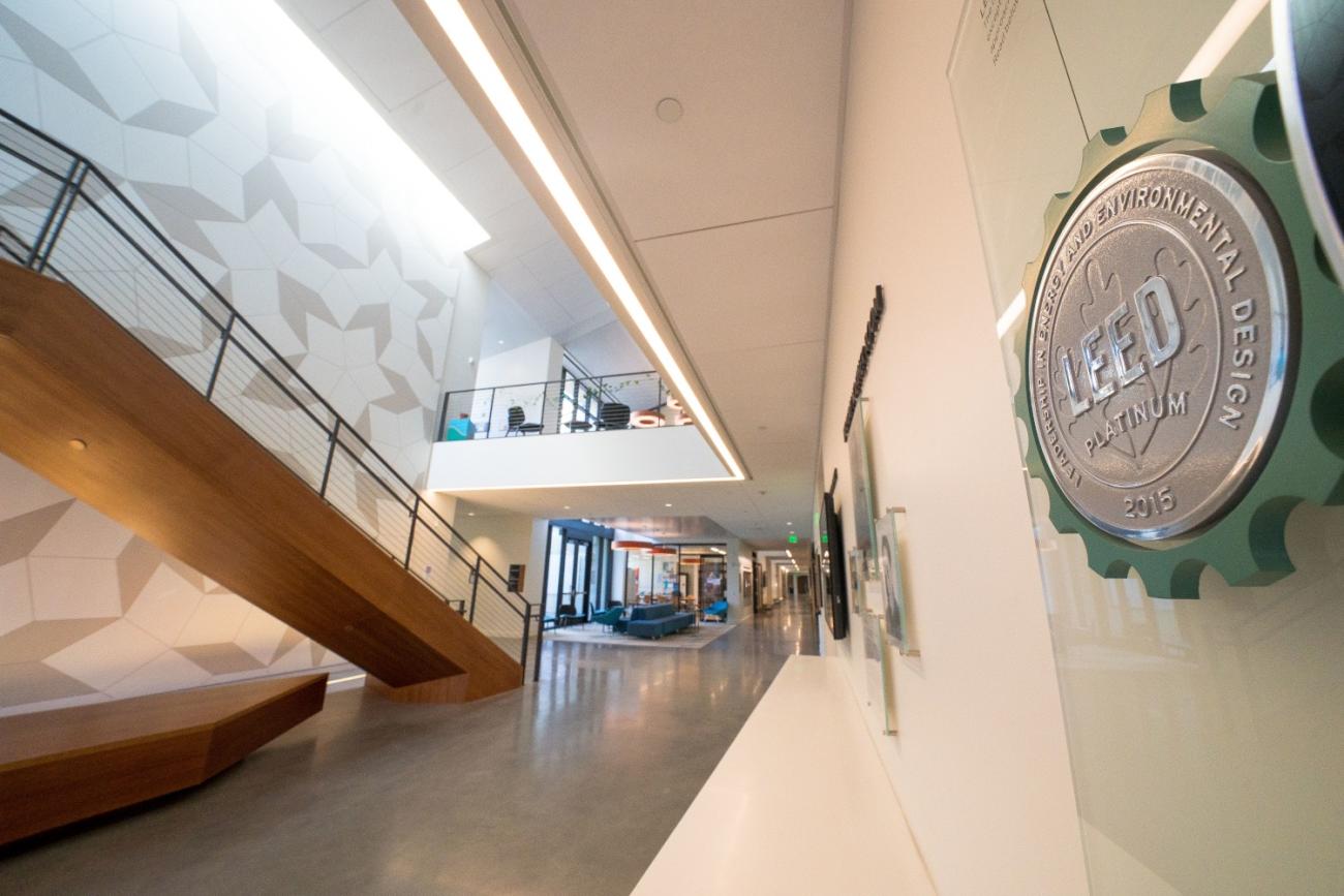 Millikan Laboratory entryway with LEED sign.